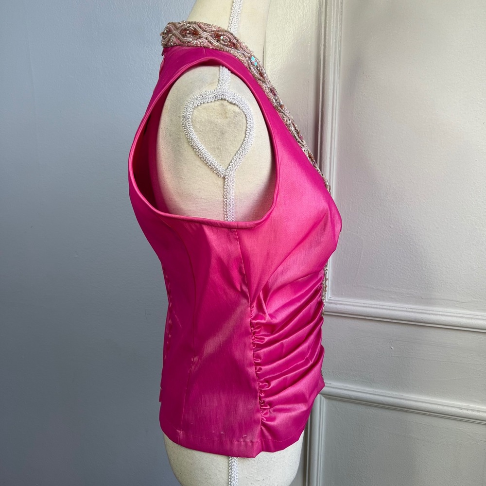 Y2K Vintage TADASHI Top Ruched Beaded Sequins Metallic Hot Pink Women's Size 12 - Picture 6 of 9